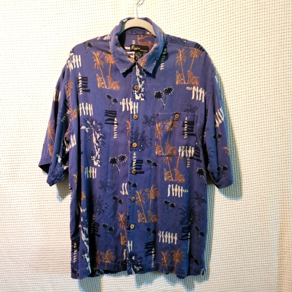 Riggins 100% Silk Blue and Brown Hawaiian Men's Button Down Shirt Summer